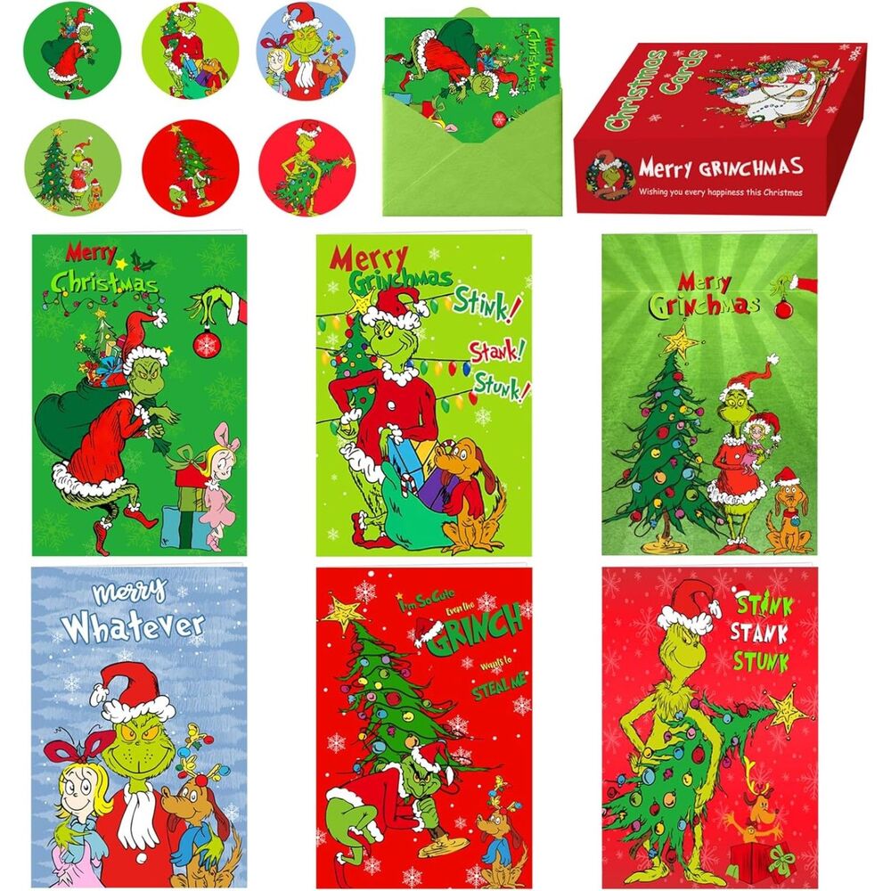 Grinch Christmas Cards Set of 30 w/ Envelopes & Stickers, Funny Holiday Greeting